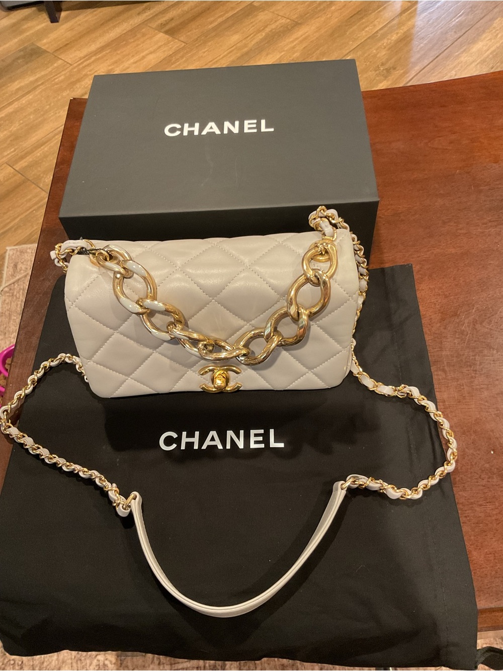 CHANEL Quilted Lambskin Shoulder Bag in Light Grey with Gold Hardware Authentic